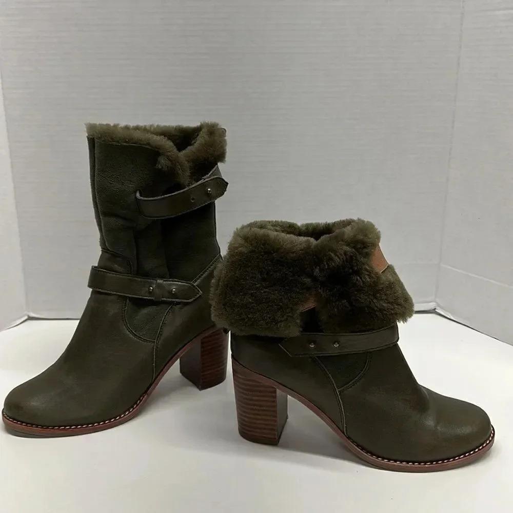 Jeffrey Campbell Heeled Boots Sherpa Lined Roll Down Winter Army Green Size 8